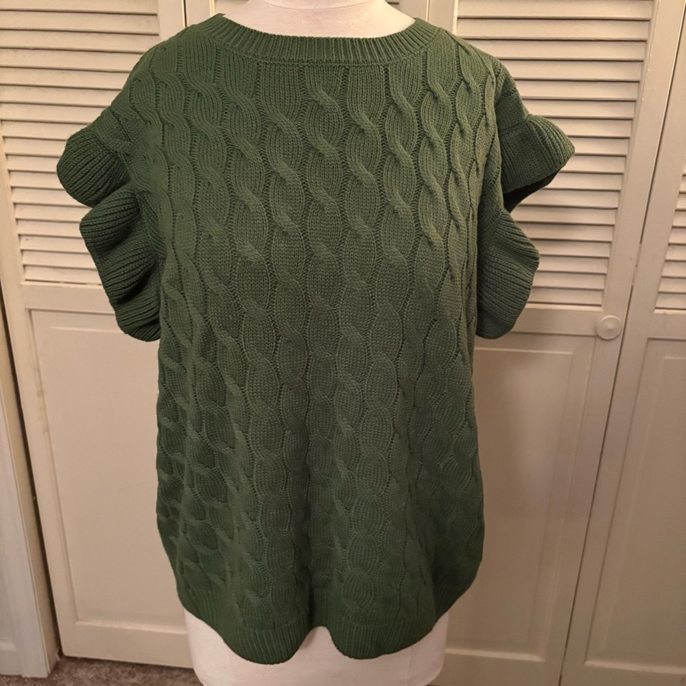 Beautiful Olive Cable Knit Ruffle Cap Sleeve Sweater